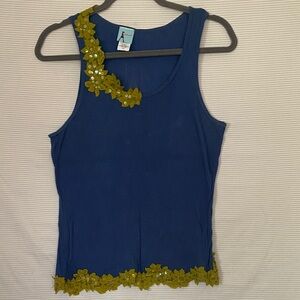 Damsel Blue Tank Top with Gold Floral Accents